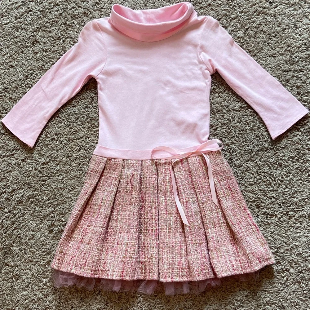 Dolls & Divas Pink Pleated Tweed Skirt Mock‎ Turtleneck Girls Dress Sz 6 NWT